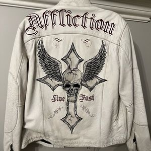 Vintage Affliction Live Fast White Leather Jacket Mens Large Limited Edition